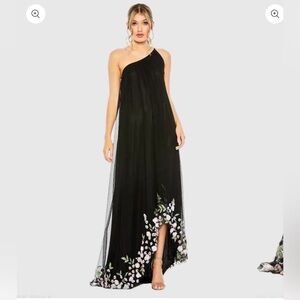 Mac Duggal Black One Shoulder Dress with Floral Accents